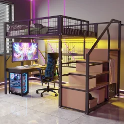 Lit mezzanine 140x200 cm - Lit double déco avec éclairage LED et rangement sous lit - Armoire ouverte en MDF et métal - Noir