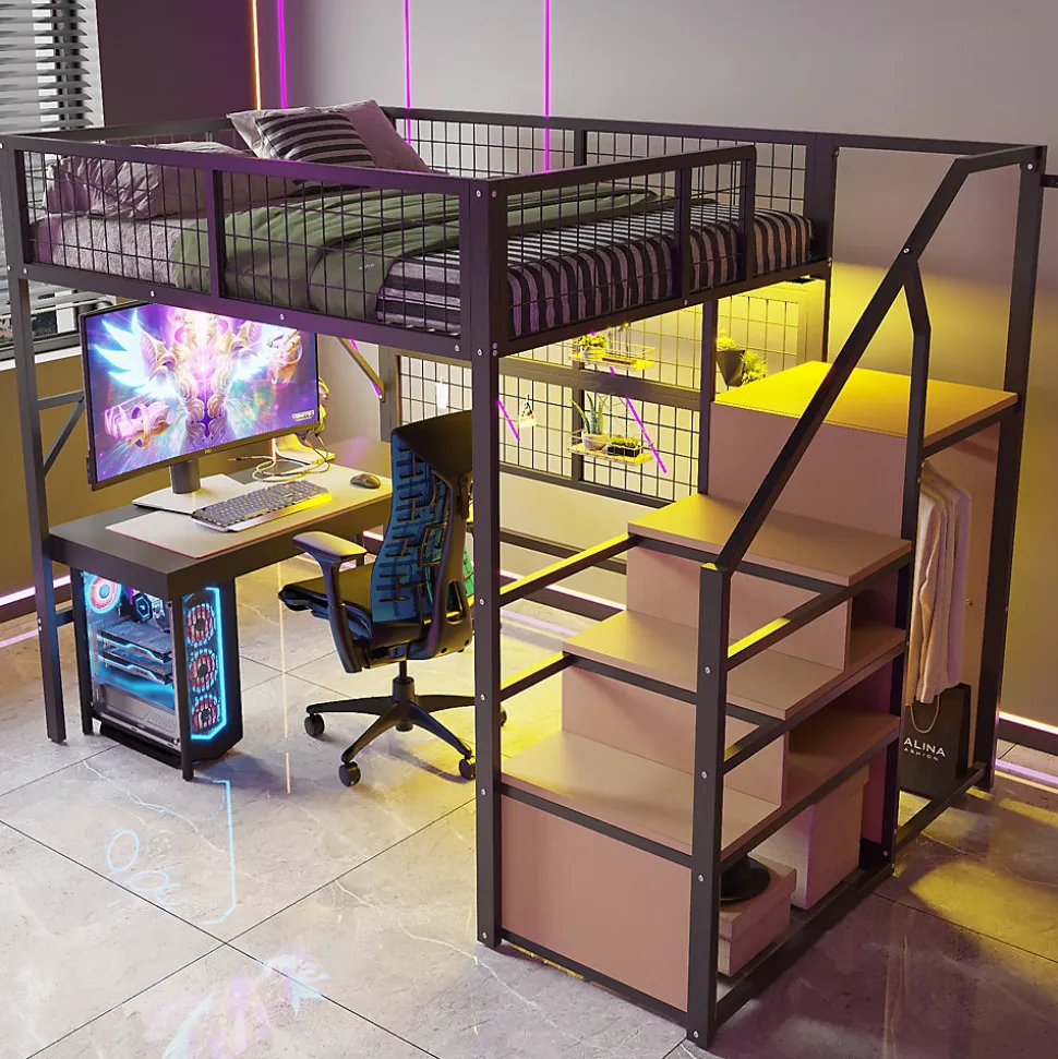 Lit mezzanine 140x200 cm - Lit double déco avec éclairage LED et rangement sous lit - Armoire ouverte en MDF et métal - Noir