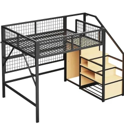 Lit mezzanine 140x200 cm - Lit double déco avec éclairage LED et rangement sous lit - Armoire ouverte en MDF et métal - Noir