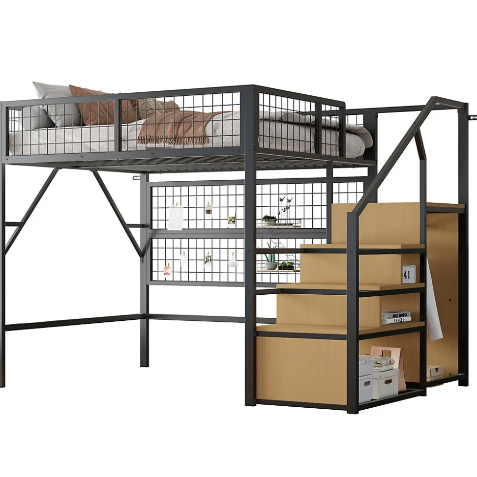 Lit mezzanine 140x200 cm - Lit double déco avec éclairage LED et rangement sous lit - Armoire ouverte en MDF et métal - Noir