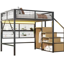 Lit mezzanine 140x200 cm - Lit double déco avec éclairage LED et rangement sous lit - Armoire ouverte en MDF et métal - Noir