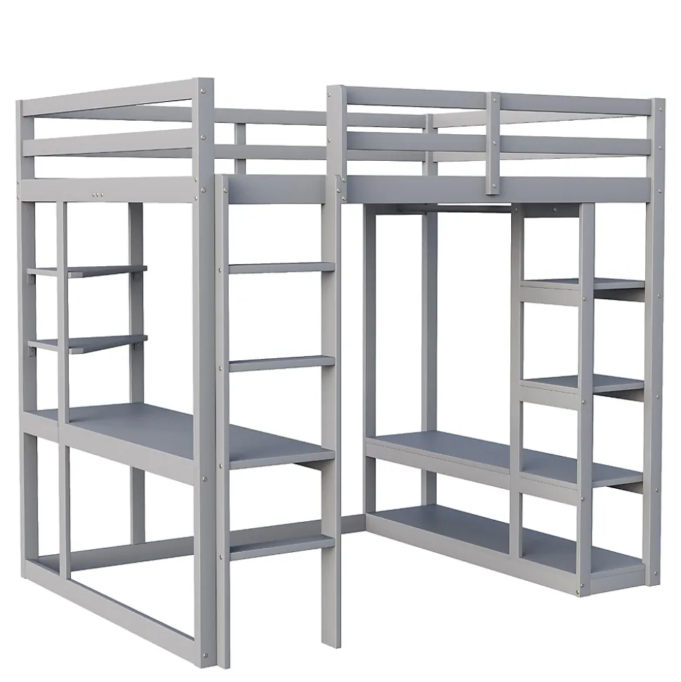 Lit mezzanine 140x200 cm - Lit double avec bureau intégré, rangements pratiques et échelle - Bois de pin et MDF - Gris