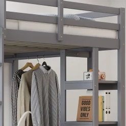 Lit mezzanine 140x200 cm - Lit double avec bureau intégré, rangements pratiques et échelle - Bois de pin et MDF - Gris