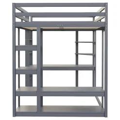 Lit mezzanine 140x200 cm - Lit double avec bureau intégré, rangements pratiques et échelle - Bois de pin et MDF - Gris