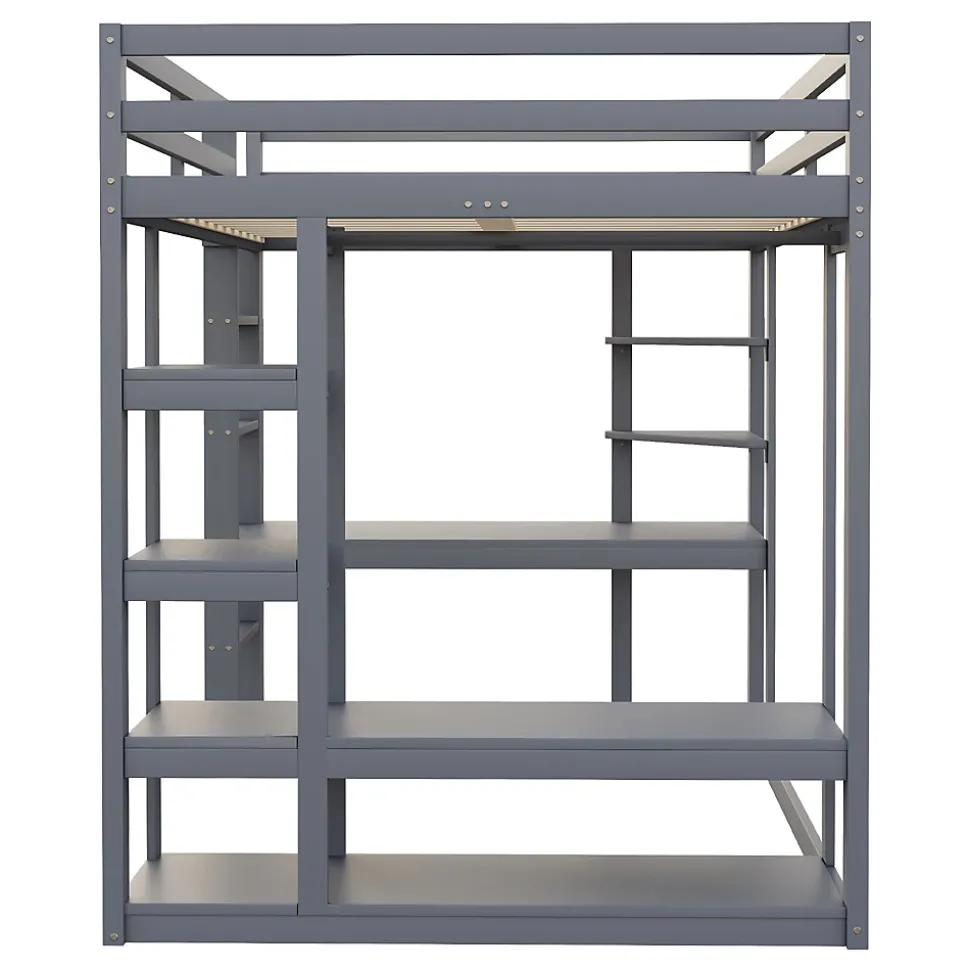 Lit mezzanine 140x200 cm - Lit double avec bureau intégré, rangements pratiques et échelle - Bois de pin et MDF - Gris