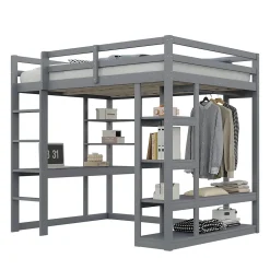 Lit mezzanine 140x200 cm - Lit double avec bureau intégré, rangements pratiques et échelle - Bois de pin et MDF - Gris