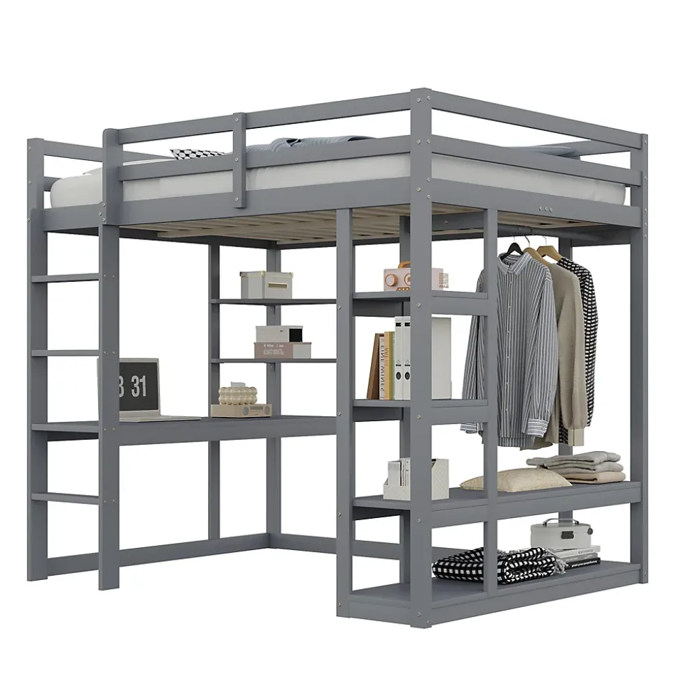 Lit mezzanine 140x200 cm - Lit double avec bureau intégré, rangements pratiques et échelle - Bois de pin et MDF - Gris