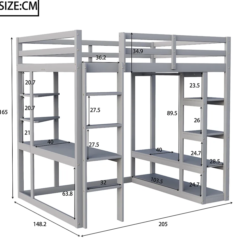 Lit mezzanine 140x200 cm - Lit double avec bureau intégré, rangements pratiques et échelle - Bois de pin et MDF - Gris
