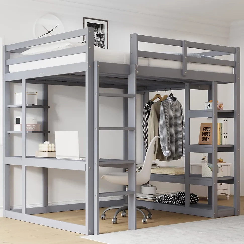 Lit mezzanine 140x200 cm - Lit double avec bureau intégré, rangements pratiques et échelle - Bois de pin et MDF - Gris