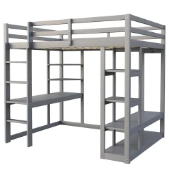 Lit mezzanine 140x200 cm - Lit double avec bureau intégré, rangements pratiques et échelle - Bois de pin et MDF - Gris