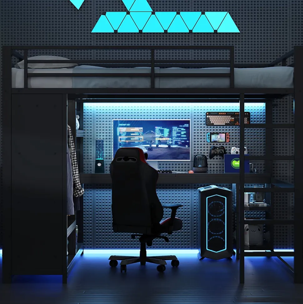 Lit Mezzanine 160x200 cm - Lit Double avec Bureau et Armoire Ouverte, Rangements et Éclairage LED, sans Matelas - Métal Noir