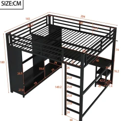 Lit Mezzanine 160x200 cm - Lit Double avec Bureau et Armoire Ouverte, Rangements et Éclairage LED, sans Matelas - Métal Noir