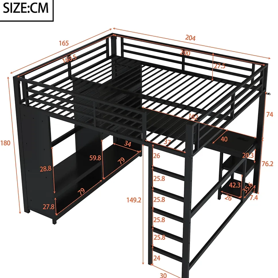 Lit Mezzanine 160x200 cm - Lit Double avec Bureau et Armoire Ouverte, Rangements et Éclairage LED, sans Matelas - Métal Noir