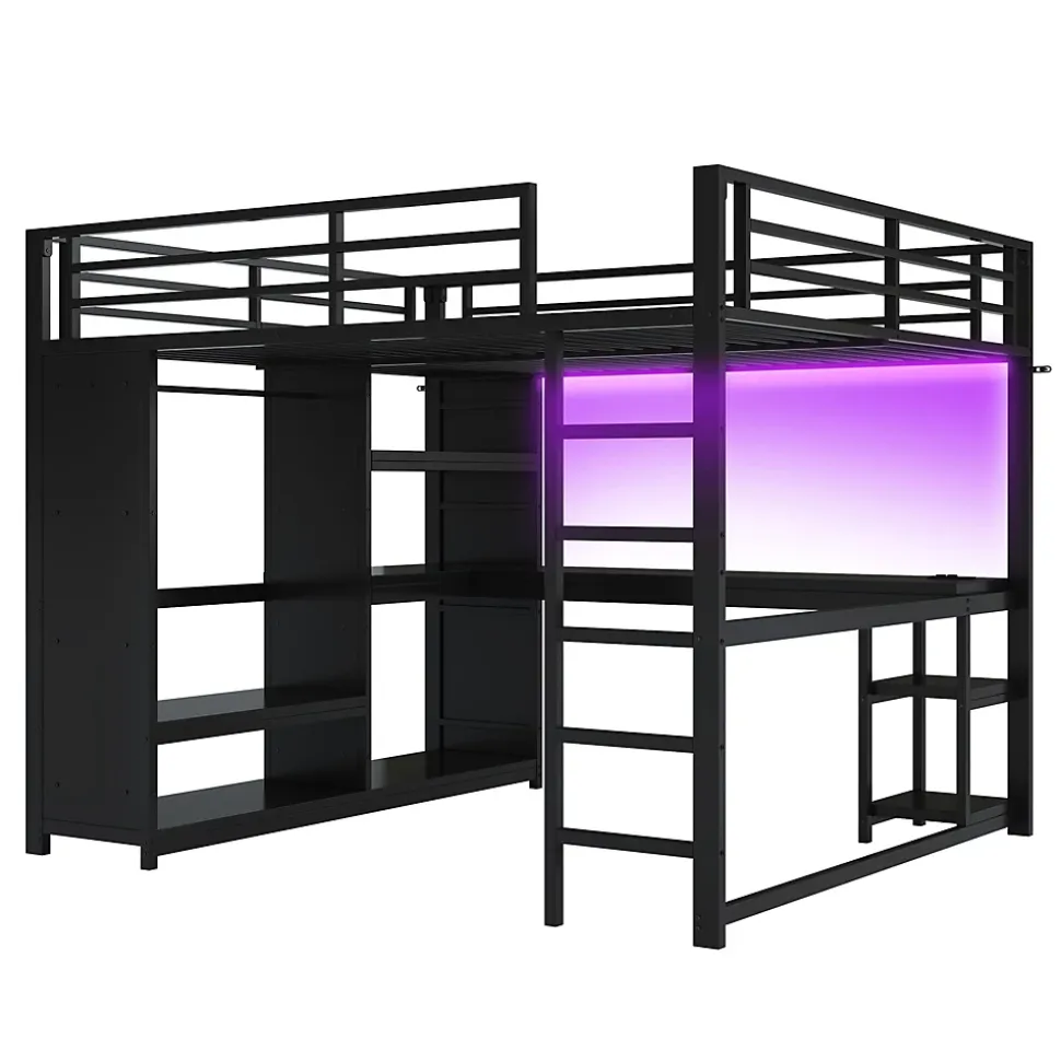 Lit Mezzanine 160x200 cm - Lit Double avec Bureau et Armoire Ouverte, Rangements et Éclairage LED, sans Matelas - Métal Noir