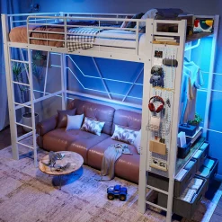 Lit Mezzanine 90x200 cm - Lit Déco avec Bureau et Rangement - Métal et MDF - Sans Matelas - Blanc