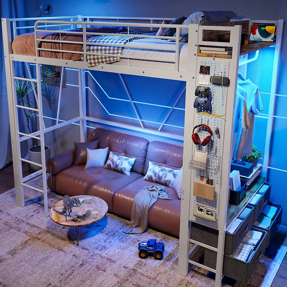 Lit Mezzanine 90x200 cm - Lit Déco avec Bureau et Rangement - Métal et MDF - Sans Matelas - Blanc