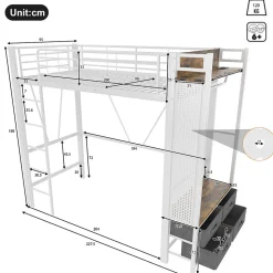 Lit Mezzanine 90x200 cm - Lit Déco avec Bureau et Rangement - Métal et MDF - Sans Matelas - Blanc
