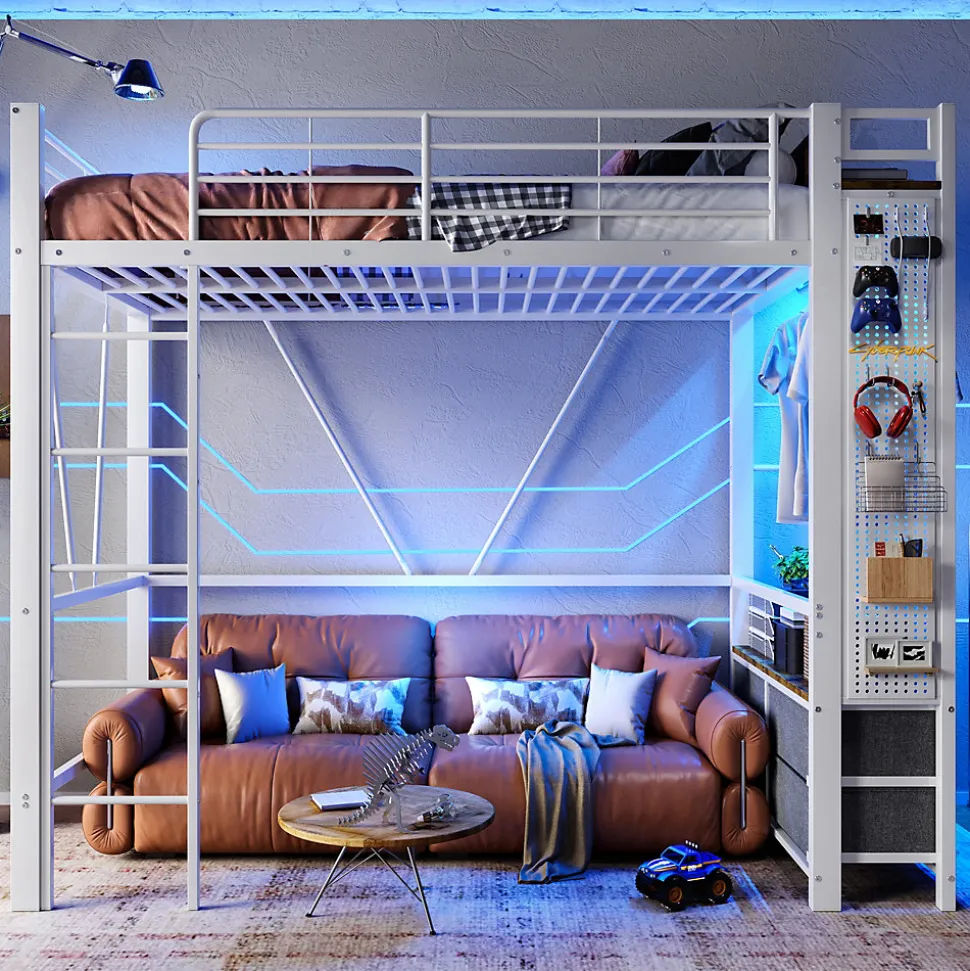 Lit Mezzanine 90x200 cm - Lit Déco avec Bureau et Rangement - Métal et MDF - Sans Matelas - Blanc