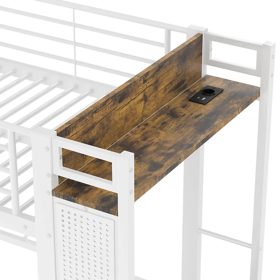 Lit Mezzanine 90x200 cm - Lit Déco avec Bureau et Rangement - Métal et MDF - Sans Matelas - Blanc