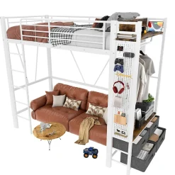 Lit Mezzanine 90x200 cm - Lit Déco avec Bureau et Rangement - Métal et MDF - Sans Matelas - Blanc