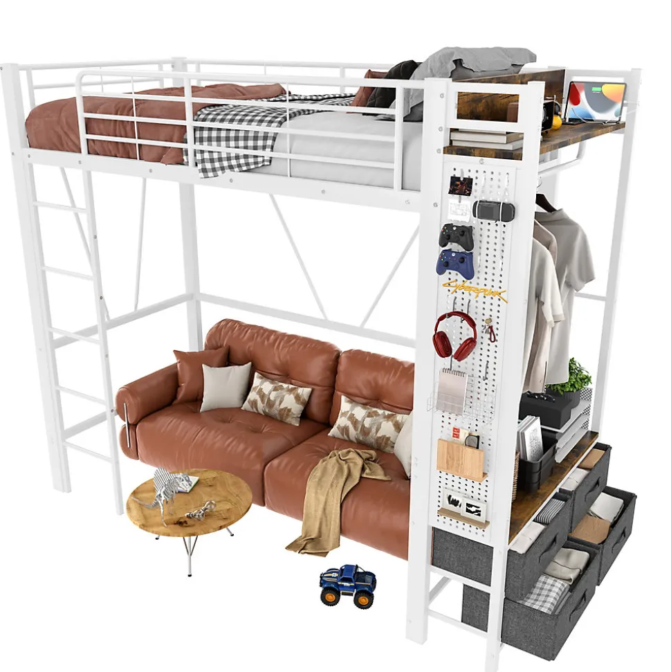 Lit Mezzanine 90x200 cm - Lit Déco avec Bureau et Rangement - Métal et MDF - Sans Matelas - Blanc