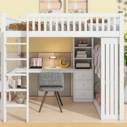 Lit Mezzanine 140x200 cm - Lit Double avec Bureau, Armoire et Escalier à Rangements Intégrés - Bois Blanc - Sans Matelas