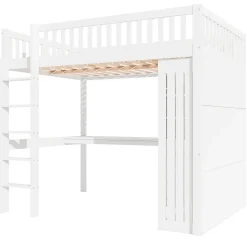 Lit Mezzanine 140x200 cm - Lit Double avec Bureau, Armoire et Escalier à Rangements Intégrés - Bois Blanc - Sans Matelas