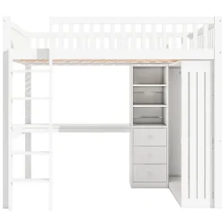 Lit Mezzanine 140x200 cm - Lit Double avec Bureau, Armoire et Escalier à Rangements Intégrés - Bois Blanc - Sans Matelas