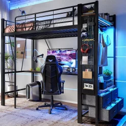 Lit Mezzanine 90x200 cm - Lit Déco avec Rangement - Métal et MDF - Sans Matelas - Noir