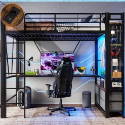 Lit Mezzanine 90x200 cm - Lit Déco avec Rangement - Métal et MDF - Sans Matelas - Noir