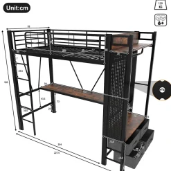 Lit Mezzanine 90x200 cm - Lit Déco avec Rangement - Métal et MDF - Sans Matelas - Noir