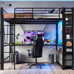 Lit Mezzanine 90x200 cm - Lit Déco avec Rangement - Métal et MDF - Sans Matelas - Noir