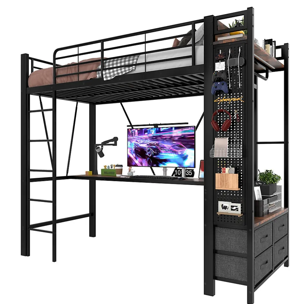 Lit Mezzanine 90x200 cm - Lit Déco avec Rangement - Métal et MDF - Sans Matelas - Noir