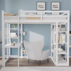 Lit mezzanine 140x200 cm - Lit double avec bureau intégré, rangements fonctionnels et échelle - Pin et MDF - Blanc