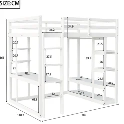 Lit mezzanine 140x200 cm - Lit double avec bureau intégré, rangements fonctionnels et échelle - Pin et MDF - Blanc