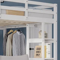 Lit mezzanine 140x200 cm - Lit double avec bureau intégré, rangements fonctionnels et échelle - Pin et MDF - Blanc