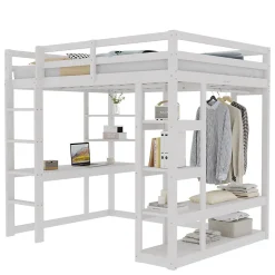Lit mezzanine 140x200 cm - Lit double avec bureau intégré, rangements fonctionnels et échelle - Pin et MDF - Blanc