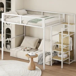 Lit Mezzanine 140x200 cm - Lit Double avec Rangement et Échelle de Sécurité, Cadre Métal et MDF, Sans Matelas - Blanc