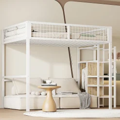 Lit Mezzanine 140x200 cm - Lit Double avec Rangement et Échelle de Sécurité, Cadre Métal et MDF, Sans Matelas - Blanc