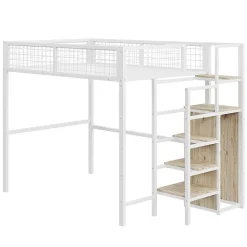 Lit Mezzanine 140x200 cm - Lit Double avec Rangement et Échelle de Sécurité, Cadre Métal et MDF, Sans Matelas - Blanc
