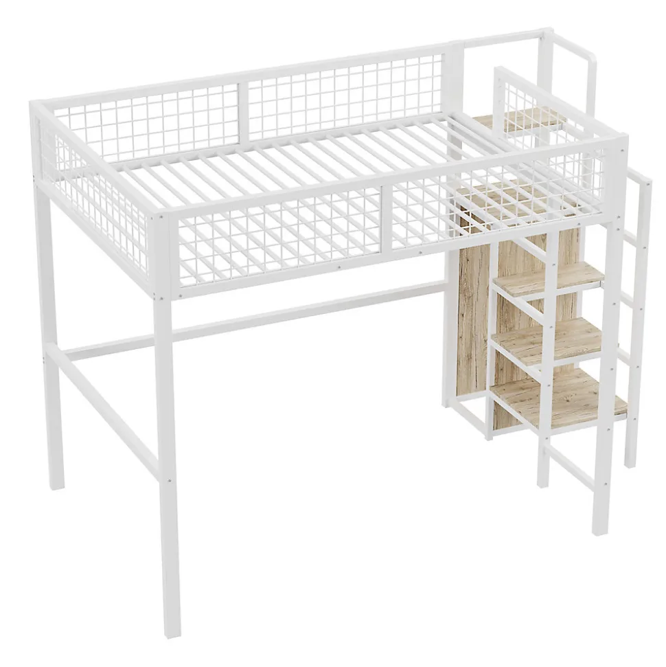 Lit Mezzanine 140x200 cm - Lit Double avec Rangement et Échelle de Sécurité, Cadre Métal et MDF, Sans Matelas - Blanc