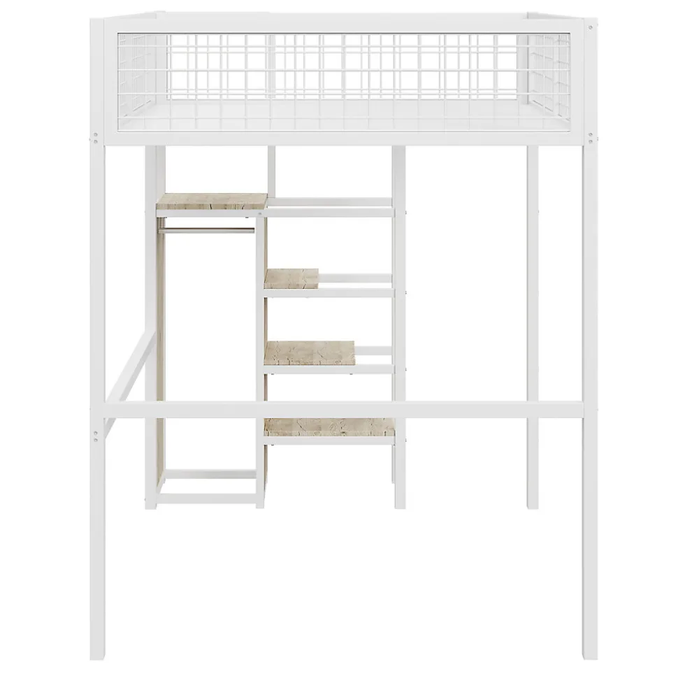 Lit Mezzanine 140x200 cm - Lit Double avec Rangement et Échelle de Sécurité, Cadre Métal et MDF, Sans Matelas - Blanc