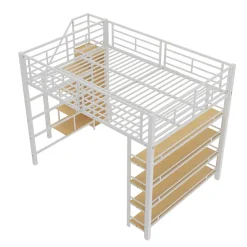 Lit Mezzanine 140x200 cm - Lit Double avec Escalier de Sécurité et Placard de Rangement, Métal et MDF, Sans Matelas - Blanc