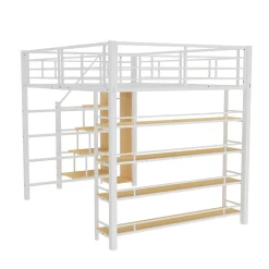 Lit Mezzanine 140x200 cm - Lit Double avec Escalier de Sécurité et Placard de Rangement, Métal et MDF, Sans Matelas - Blanc