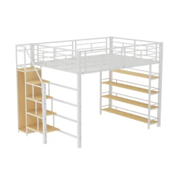 Lit Mezzanine 140x200 cm - Lit Double avec Escalier de Sécurité et Placard de Rangement, Métal et MDF, Sans Matelas - Blanc