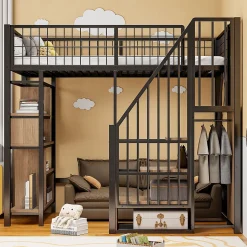 Lit Mezzanine 90x200 cm - Lit enfant en Métal Noir avec Rangement Intégré, Étagères et Escalier Sécurisé, Sans Matelas