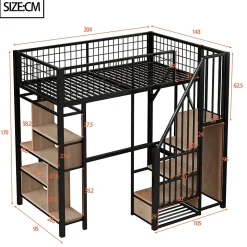 Lit Mezzanine 90x200 cm - Lit enfant en Métal Noir avec Rangement Intégré, Étagères et Escalier Sécurisé, Sans Matelas