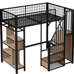 Lit Mezzanine 90x200 cm - Lit enfant en Métal Noir avec Rangement Intégré, Étagères et Escalier Sécurisé, Sans Matelas