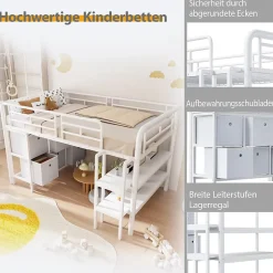 Lit Mezzanine 90x200 cm - Lit Enfant avec Tiroirs et Étagères, Angles Arrondis - Sans Matelas - Métal et MDF - Blanc