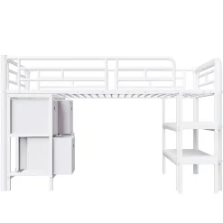 Lit Mezzanine 90x200 cm - Lit Enfant avec Tiroirs et Étagères, Angles Arrondis - Sans Matelas - Métal et MDF - Blanc